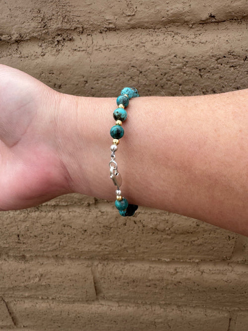 Handcrafted Hubei Turquoise 14k Gold Overlay & Sterling Silver Beaded Bracelet 7"