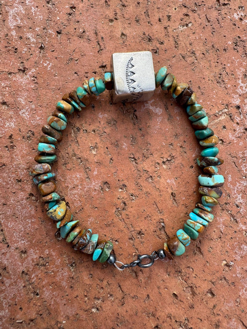 Handcrafted Chunky Turquoise & Sterling Silver Beaded Bracelet 8"