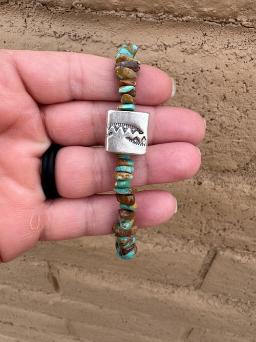 Handcrafted Chunky Turquoise & Sterling Silver Beaded Bracelet 8"