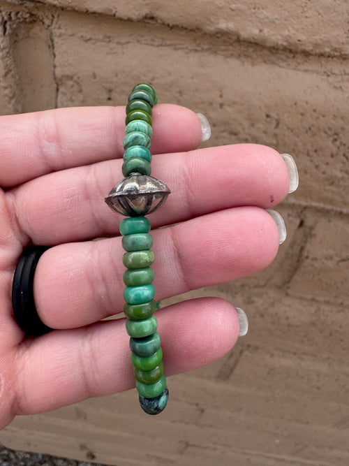 Handcrafted Rolled Green Turquoise Beaded Stretch Bracelet 8"