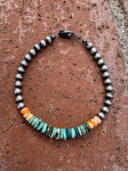 Handcrafted Orange Spiny, Turquoise & Sterling Silver 5mm Beaded Bracelet 7.5"