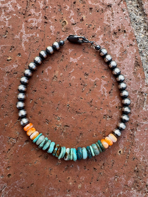 Handcrafted Orange Spiny, Turquoise & Sterling Silver 5mm Beaded Bracelet 7.5"