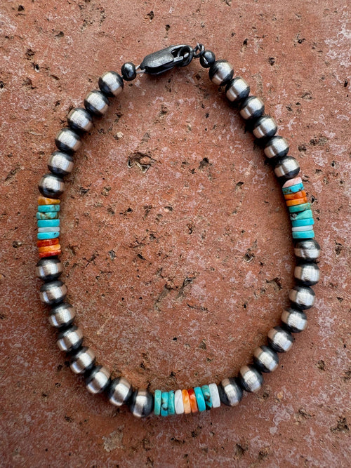 Handcrafted Spiny, Turquoise & Sterling Silver 5mm Beaded Bracelet 7.5"