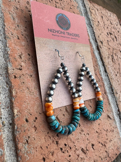 Handcrafted Kingman Turquoise & Spiny Oyster Beaded Dangle Wire Earrings