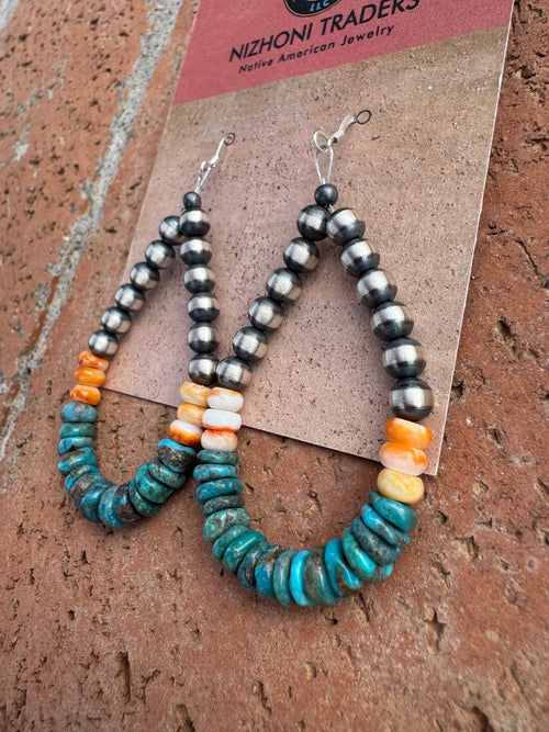 Handcrafted Kingman Turquoise & Spiny Oyster Beaded Dangle Wire Earrings