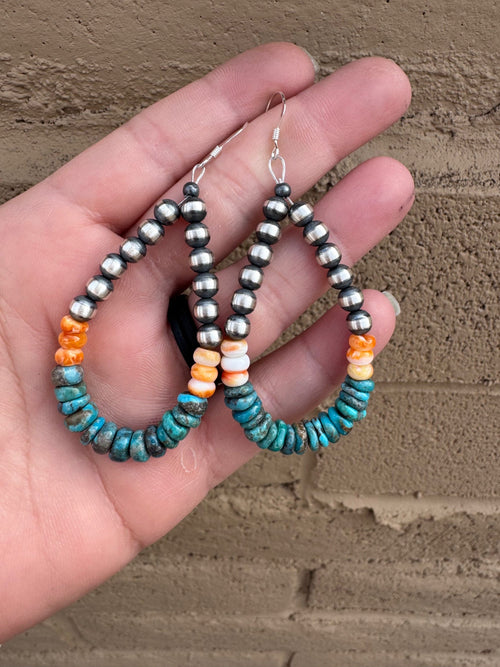 Handcrafted Kingman Turquoise & Spiny Oyster Beaded Dangle Wire Earrings