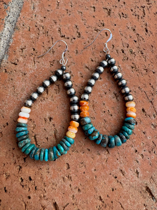 Handcrafted Kingman Turquoise & Spiny Oyster Beaded Dangle Wire Earrings