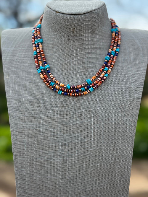 Handcrafted Turquoise, Spiny & Copper 3-4mm Beaded Necklace 16"