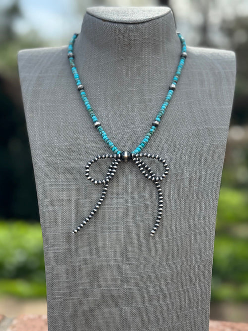 Handcrafted Sterling Silver & Rolled Turquoise Pearl Beaded Bow Tie Necklace 18"