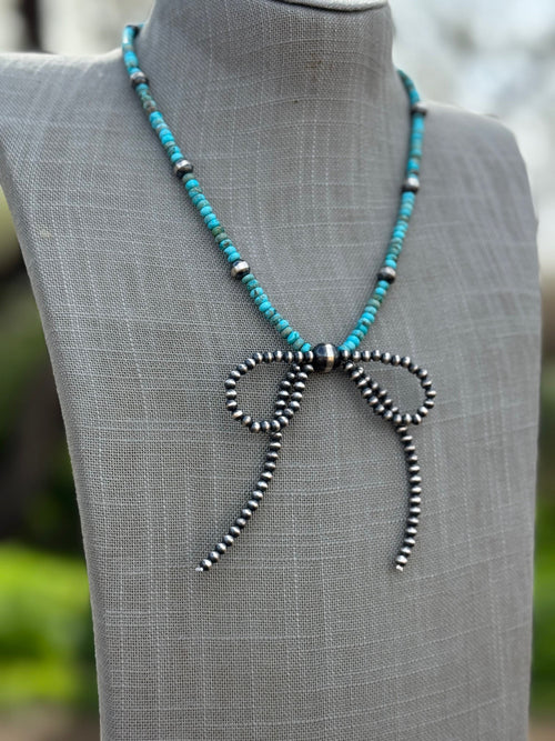 Handcrafted Sterling Silver & Rolled Turquoise Pearl Beaded Bow Tie Necklace 18"
