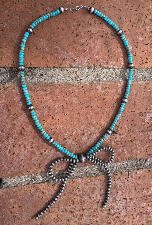 Handcrafted Sterling Silver & Rolled Turquoise Pearl Beaded Bow Tie Necklace 18"