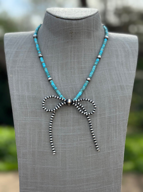 Handcrafted Sterling Silver & Turquoise Pearl Beaded Bow Tie Necklace 18"