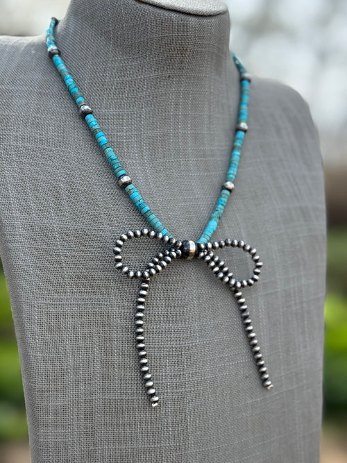 Handcrafted Sterling Silver & Turquoise Pearl Beaded Bow Tie Necklace 18"