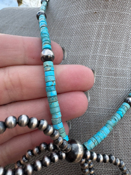 Handcrafted Sterling Silver & Turquoise Pearl Beaded Bow Tie Necklace 18"