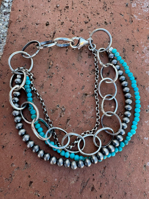 Handmade Turquoise and Sterling Silver 4 Strand 3-4mm Beaded Bracelet 7"-8"