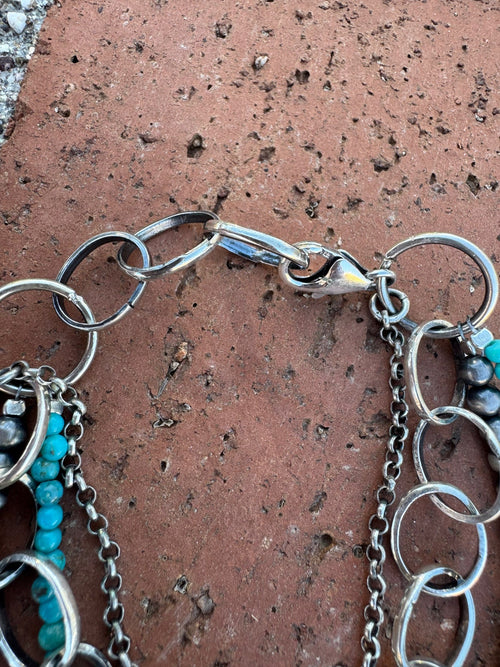 Handmade Turquoise and Sterling Silver 4 Strand 3-4mm Beaded Bracelet 7"-8"