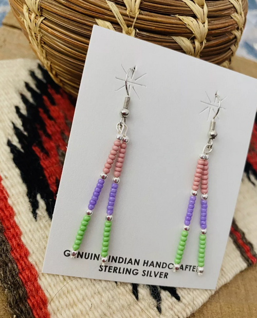 Navajo Handmade Multicolor Beaded Dangle Earrings