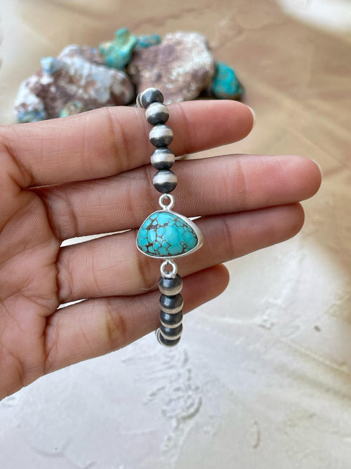 Handmade Sterling Silver 6 Inch Beaded bracelet with stone Signed Nizhoni