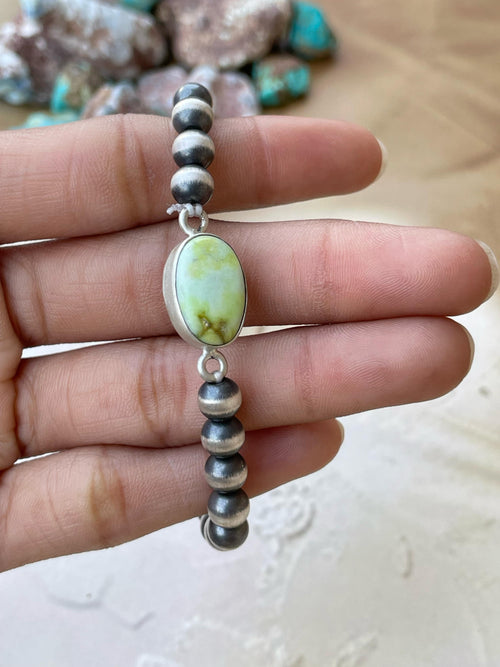 Handmade Sterling Silver 6 Inch Beaded bracelet with stone Signed Nizhoni