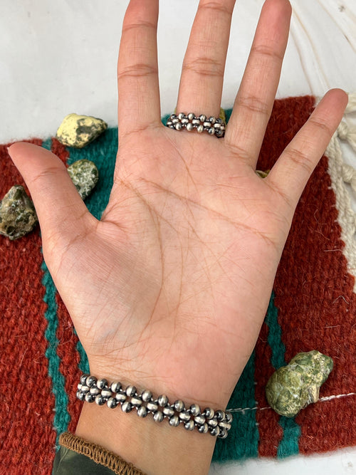 Handmade Sterling Silver Beads Bracelets Ring Set with Signed Nizhoni
