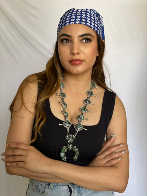 Handmade Sterling Silver Lander Turquoise Squash Blossom Beaded Necklace with Signed Nizhoni