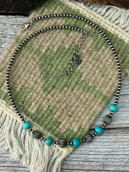 Handmade Sterling Silver Beaded Kingman Turquoise Necklace "Signed Nizhoni"