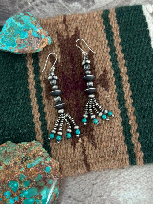 Handmade Sterling Silver Kingman Turquoise Beaded Hook Dangle Earrings