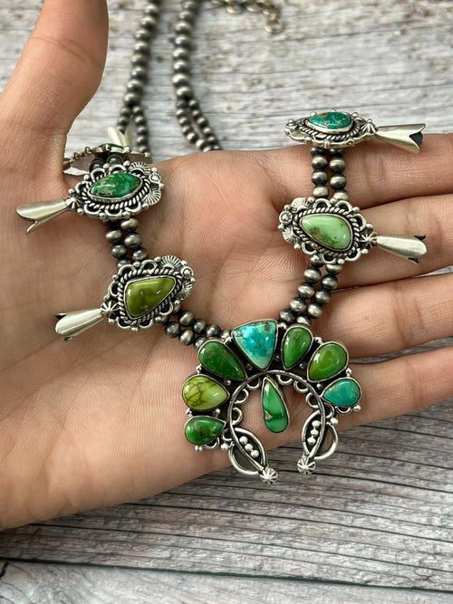 Handmade Sterling Silver Beaded Multi Stone Squash Blossom Necklace "Signed Nizhoni"