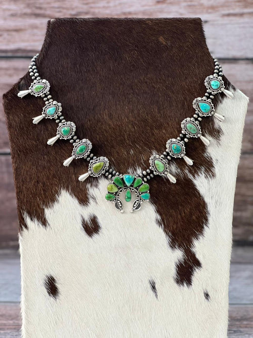 Handmade Sterling Silver Beaded Multi Stone Squash Blossom Necklace "Signed Nizhoni"