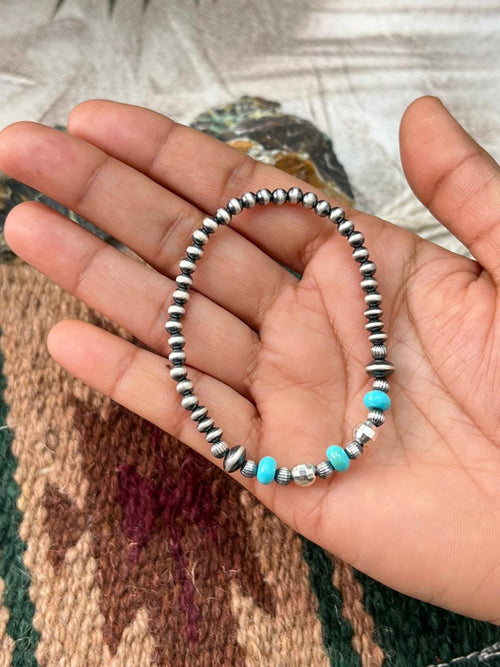 Handmade Sterling Silver Beaded Kingman Turquoise Bracelet