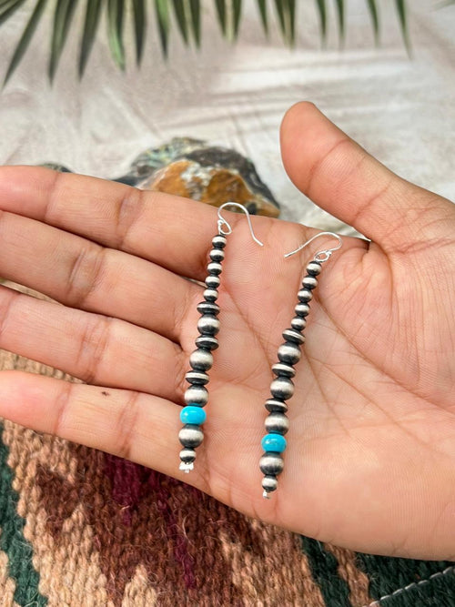 Handmade Sterling Silver Kingman Turquoise Beaded Hook Dangle Earrings