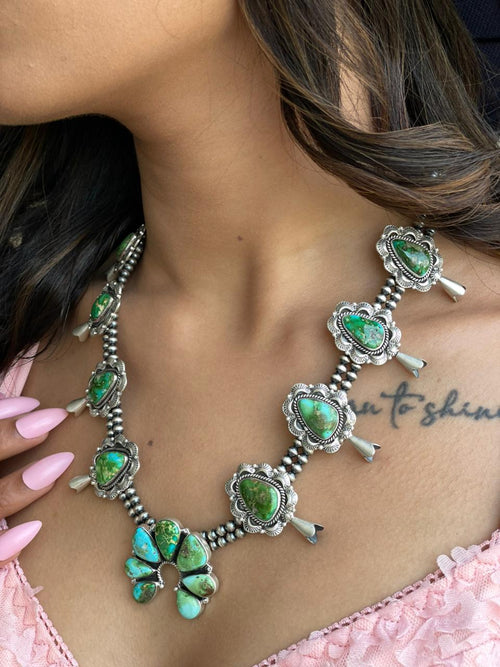 Handmade Sterling Silver Mint Dahlia Collection: Squash Blossom Beaded Necklace "Signed Nizhoni"