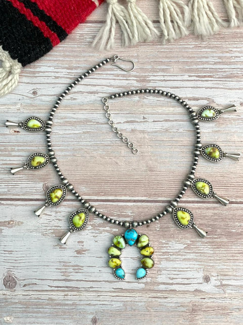 Handmade Sterling Silver Sierra Bella with Palomino Turquoise Collection: Squash Blossom Beaded Necklace "Signed Nizhoni"