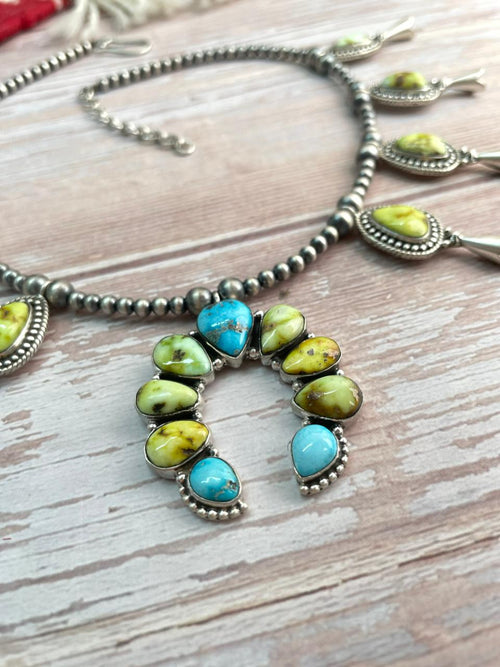 Handmade Sterling Silver Sierra Bella with Palomino Turquoise Collection: Squash Blossom Beaded Necklace "Signed Nizhoni"