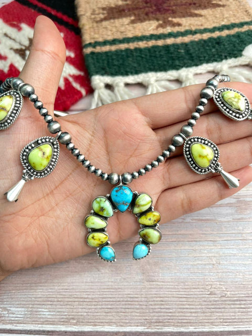 Handmade Sterling Silver Sierra Bella with Palomino Turquoise Collection: Squash Blossom Beaded Necklace "Signed Nizhoni"