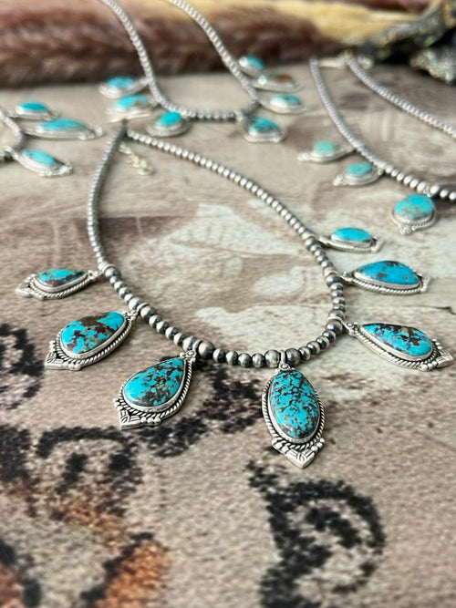 Handmade Sterling Silver Manassa Turquoise Collection: Beaded Necklace "Signed Nizhoni"