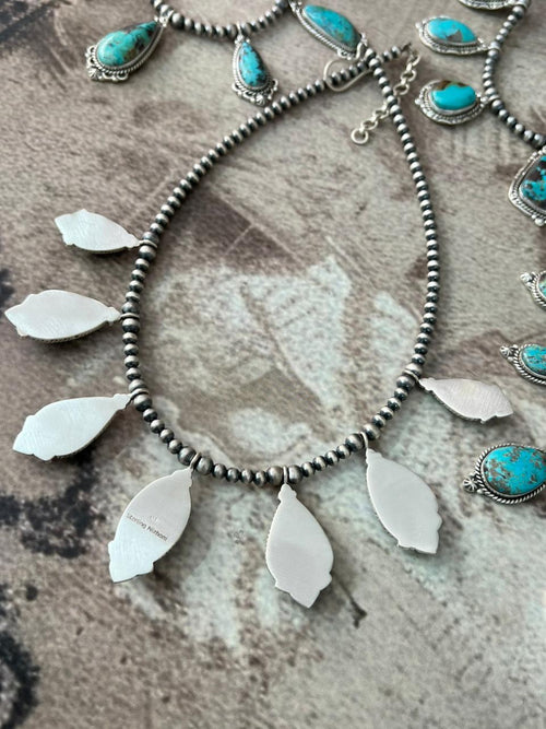 Handmade Sterling Silver Manassa Turquoise Collection: Beaded Necklace "Signed Nizhoni"