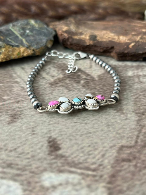 Handmade Sterling Silver Cotton Candy Beaded Bracelet "Signed Nizhoni"