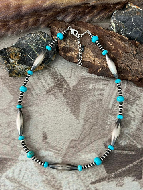 Handmade Sterling Silver Kingman Turquoise Beaded Necklace "Signed Nizhoni"