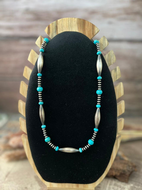 Handmade Sterling Silver Kingman Turquoise Beaded Necklace "Signed Nizhoni"