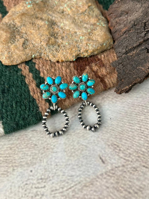 Handmade Sterling Silver Kingman Turquoise Post Dangle Beaded Hoop Earrings "Signed Nizhoni"