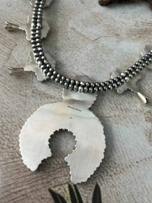Handmade Sterling Silver Kingman with Paloma Turquoise Beaded Squash Blossom Necklace "Signed Nizhoni"