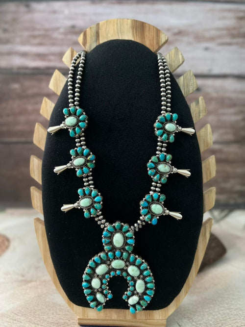 Handmade Sterling Silver Kingman with Paloma Turquoise Beaded Squash Blossom Necklace "Signed Nizhoni"