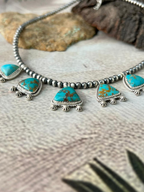 Handmade Sterling Silver Santa Maria Turquoise Beaded Necklace "Signed Nizhoni"