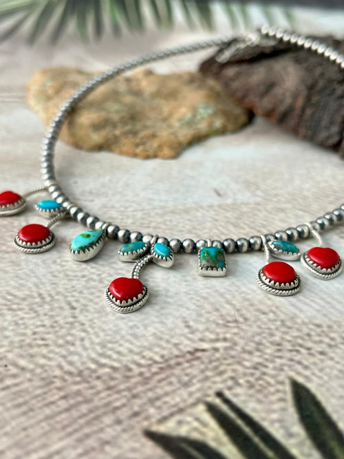 Handmade Sterling Silver Rosarita with Sonoran and Kingman Turquoise Beaded Necklace "Signed Nizhoni"