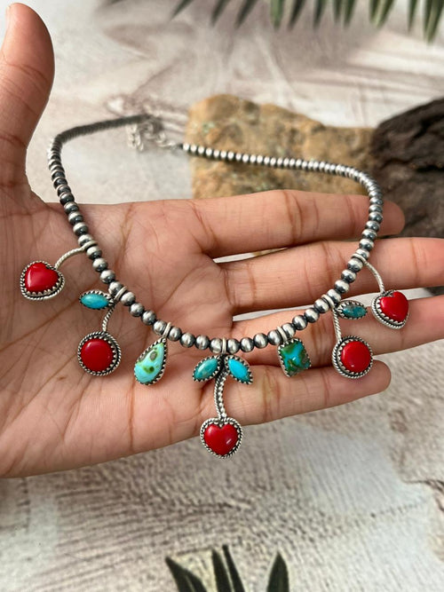 Handmade Sterling Silver Rosarita with Sonoran and Kingman Turquoise Beaded Necklace "Signed Nizhoni"