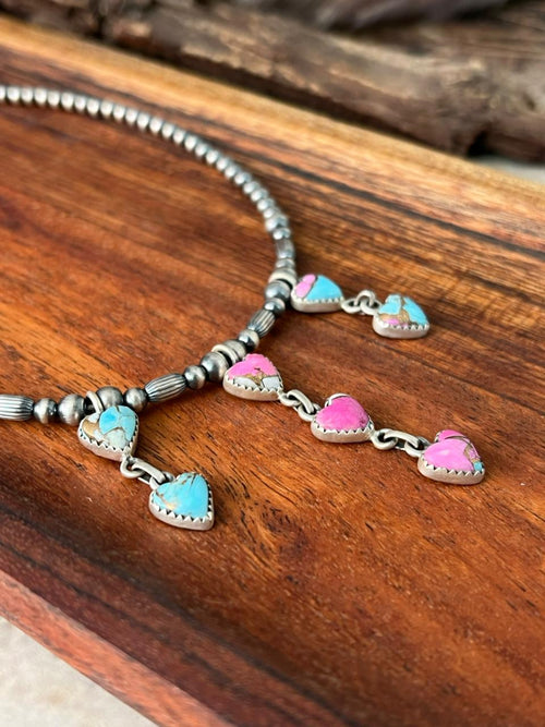Handmade Sterling Silver Cotton Candy Beaded Heart Necklace "Signed Nizhoni"