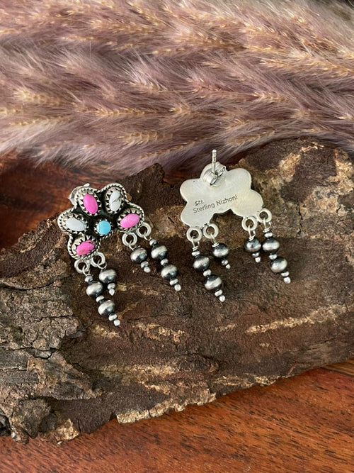 Handmade Sterling Silver Cotton Candy Post Dangle Beaded Earrings "Signed Nizhoni"