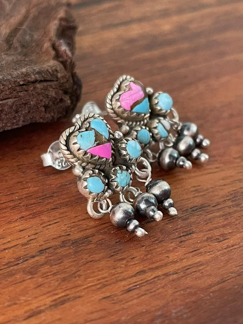 Handmade Sterling Silver Cotton Candy Post Beaded Earrings "Signed Nizhoni"