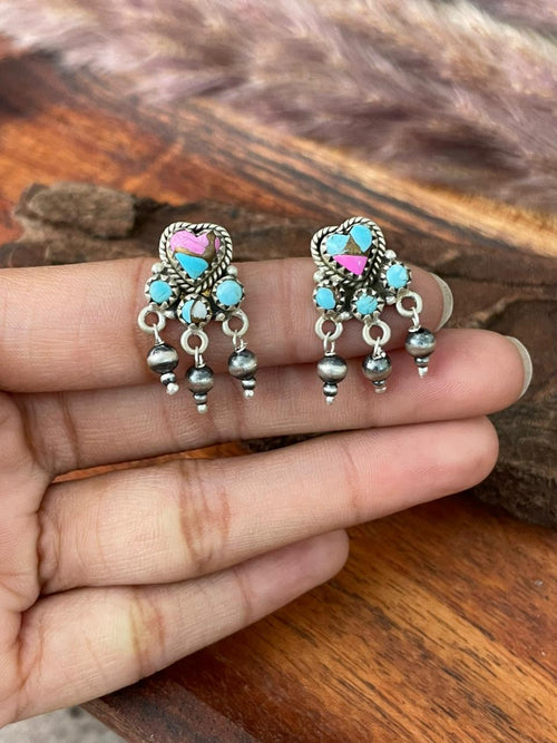 Handmade Sterling Silver Cotton Candy Post Beaded Earrings "Signed Nizhoni"